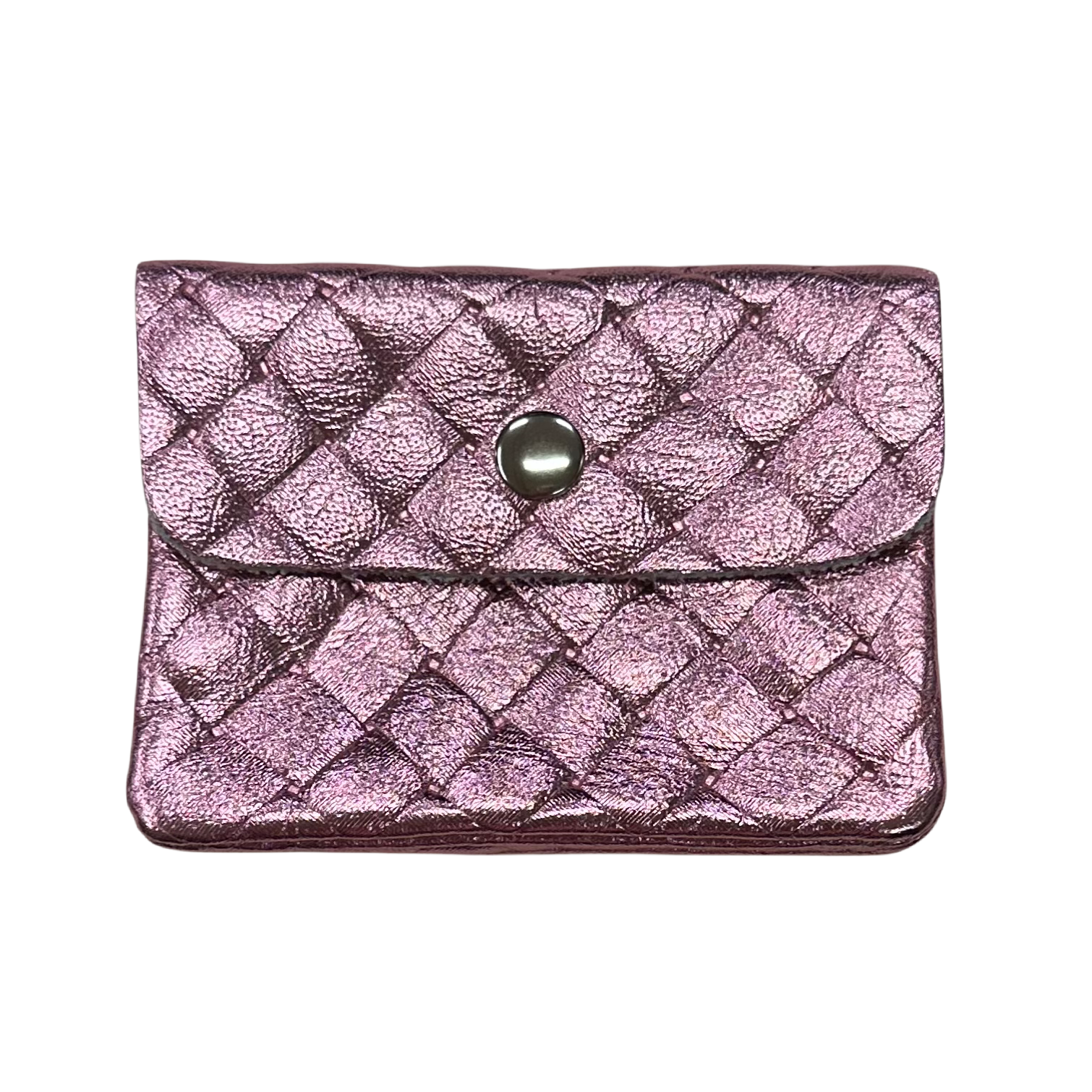 Mini Portemonnee Echt Leer - Gevlochten Metallic Licht Roze