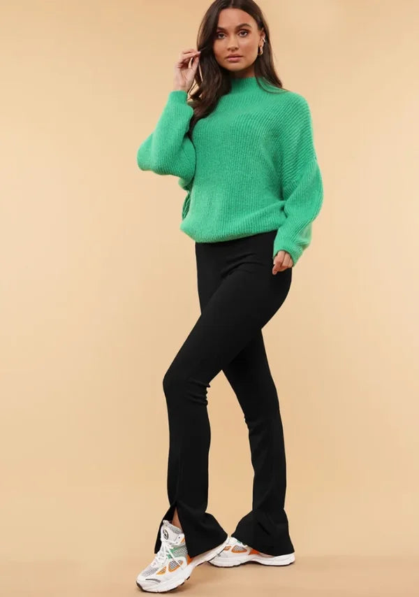 Rib Flared Broek Minta met Split - Zwart