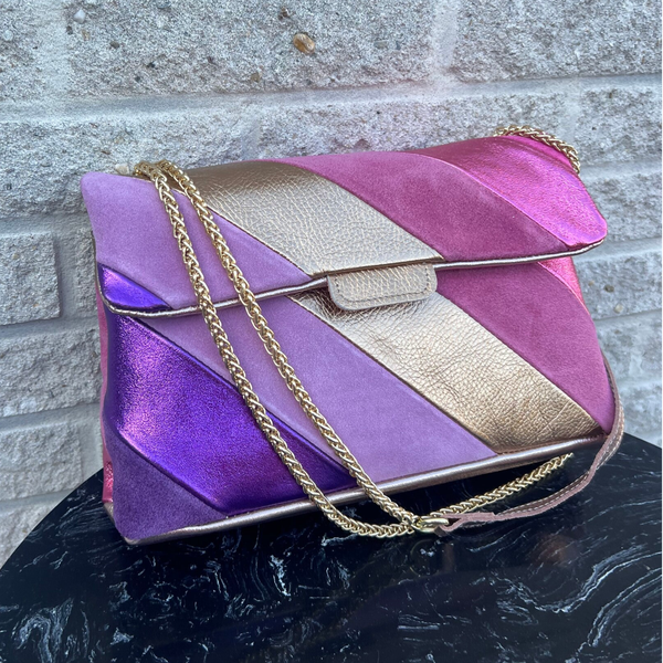 Tas Metallic Regenboog Suede Roze XL - Echt Leer