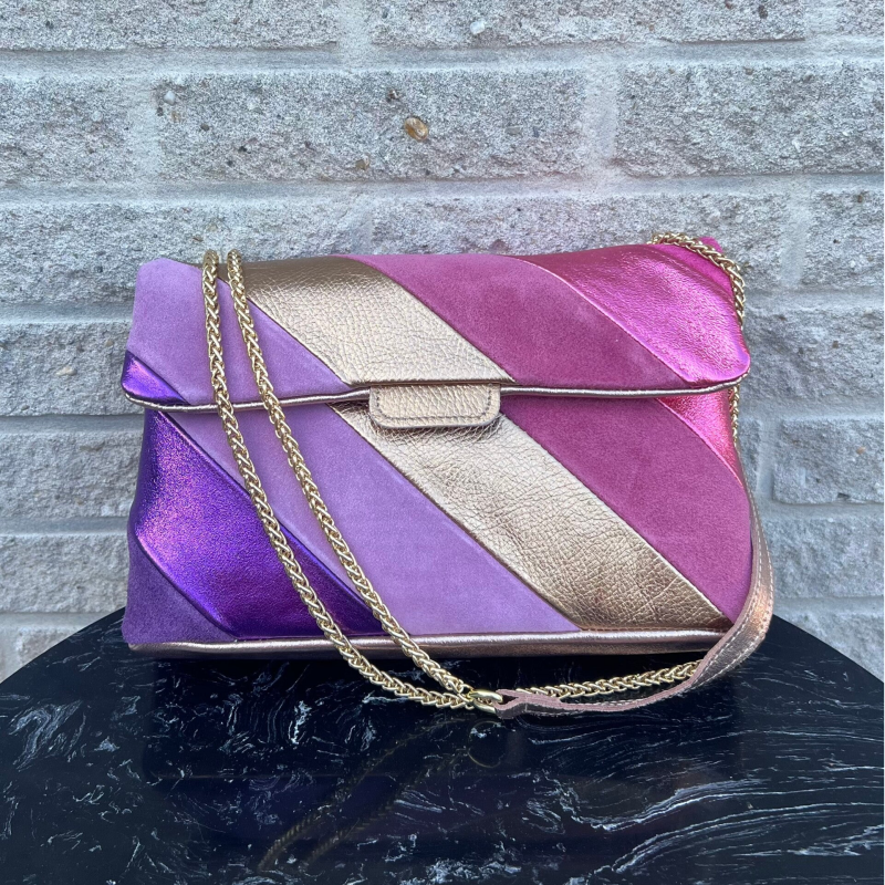 Tas Metallic Regenboog Suede Roze XL - Echt Leer