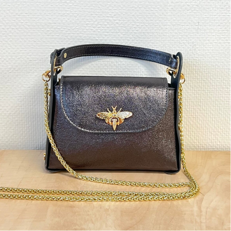 Tas Echt Leer Bee - Metallic Donker Zilver