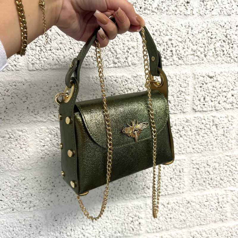 Tas Echt Leer Bee - Metallic Army Groen