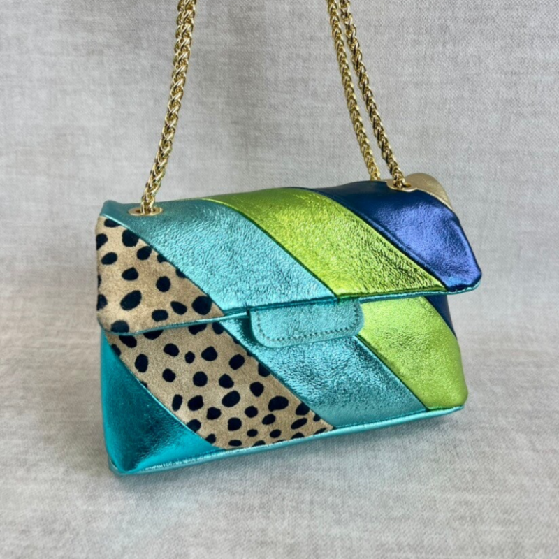 Tas Metallic Regenboog Cheetah Blauw - Echt Leer