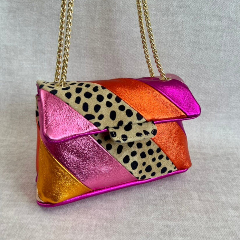 Tas Metallic Regenboog Cheetah Roze - Echt Leer