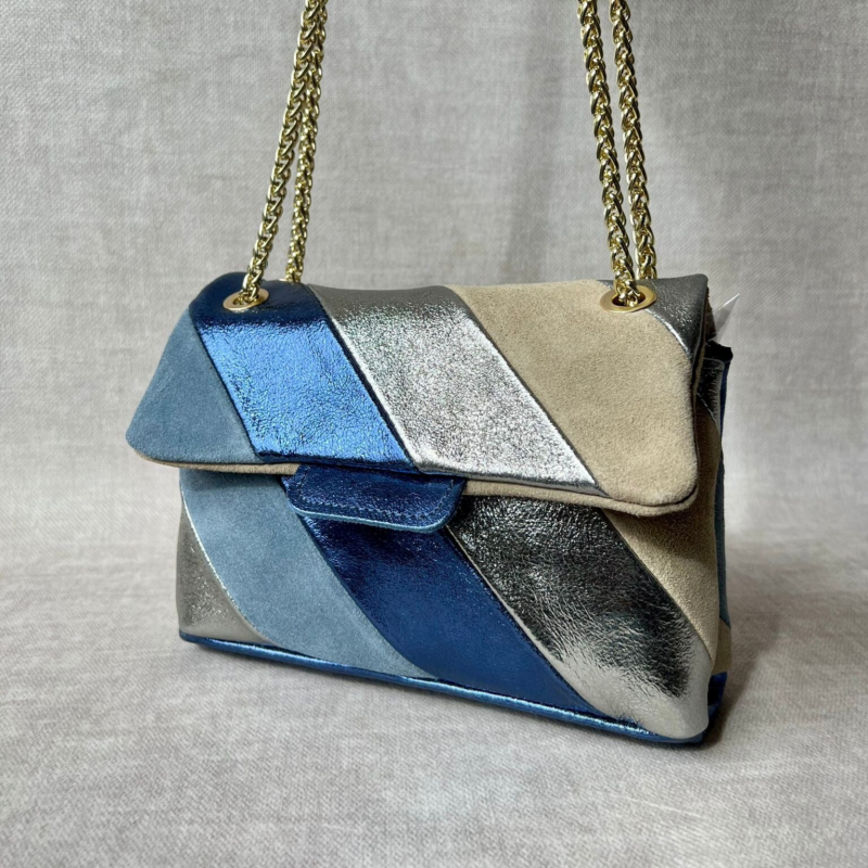 Tas Metallic Regenboog Blauw Beige - Echt Leer