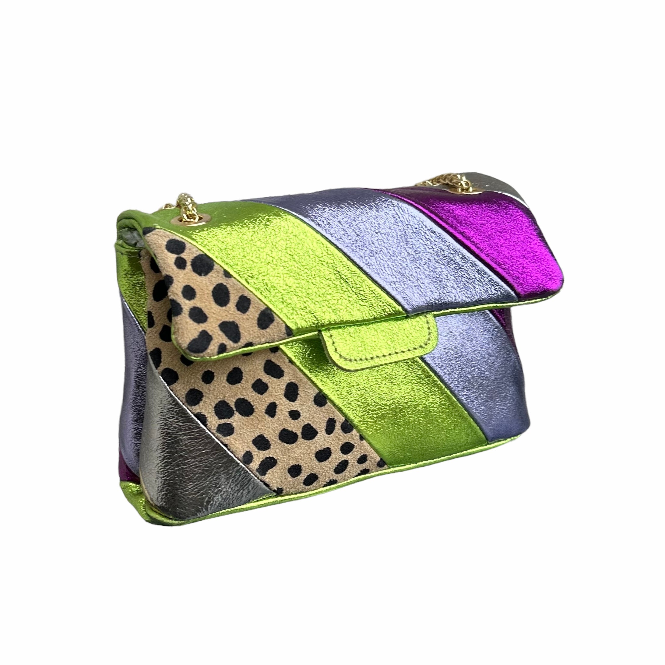 Tas Metallic Regenboog Cheetah Groen - Echt Leer