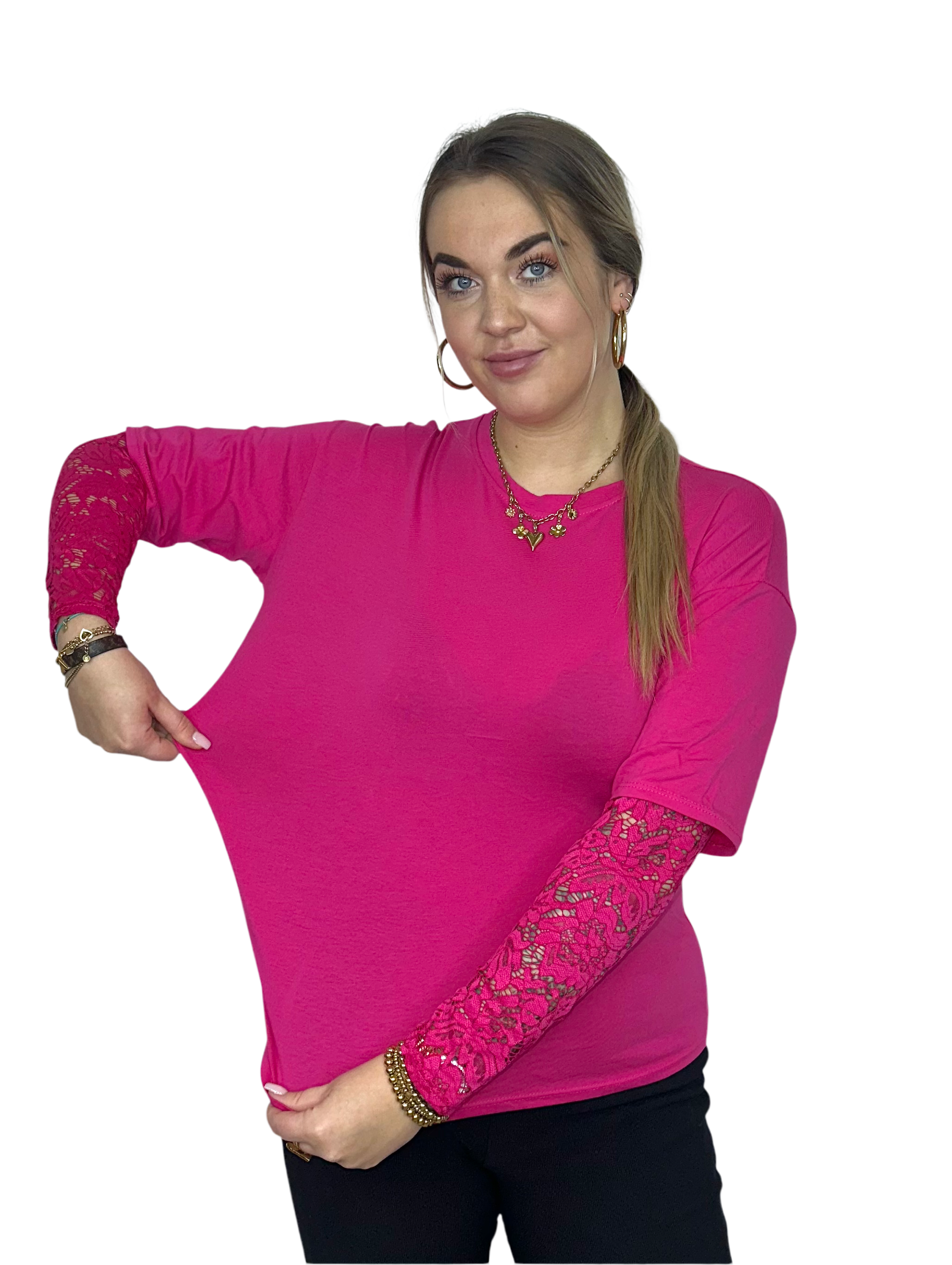 T-Shirt met Kant Ambika - Fuchsia Roze