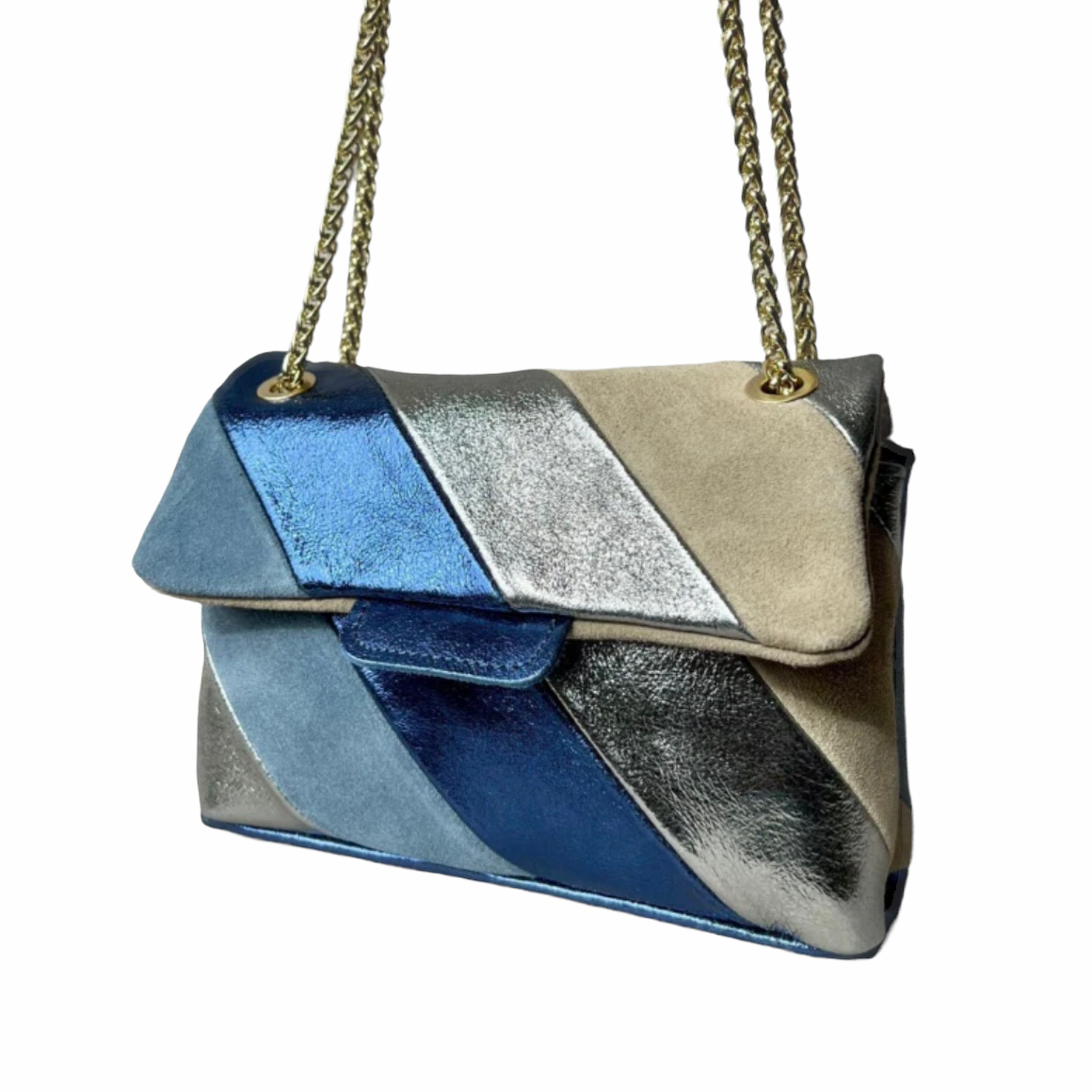 Tas Metallic Regenboog Blauw Beige - Echt Leer