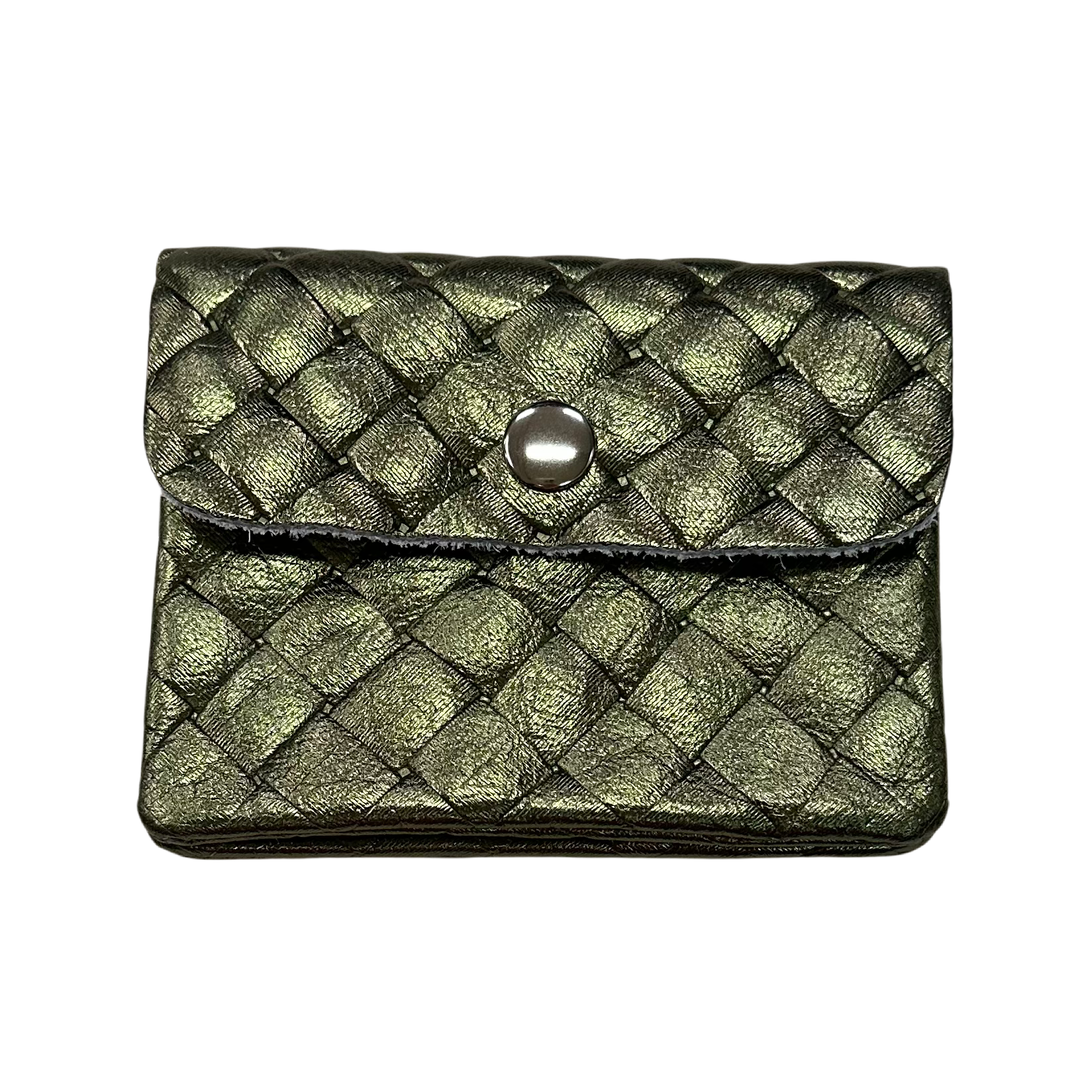Mini Portemonnee Echt Leer - Gevlochten Metallic Army Groen
