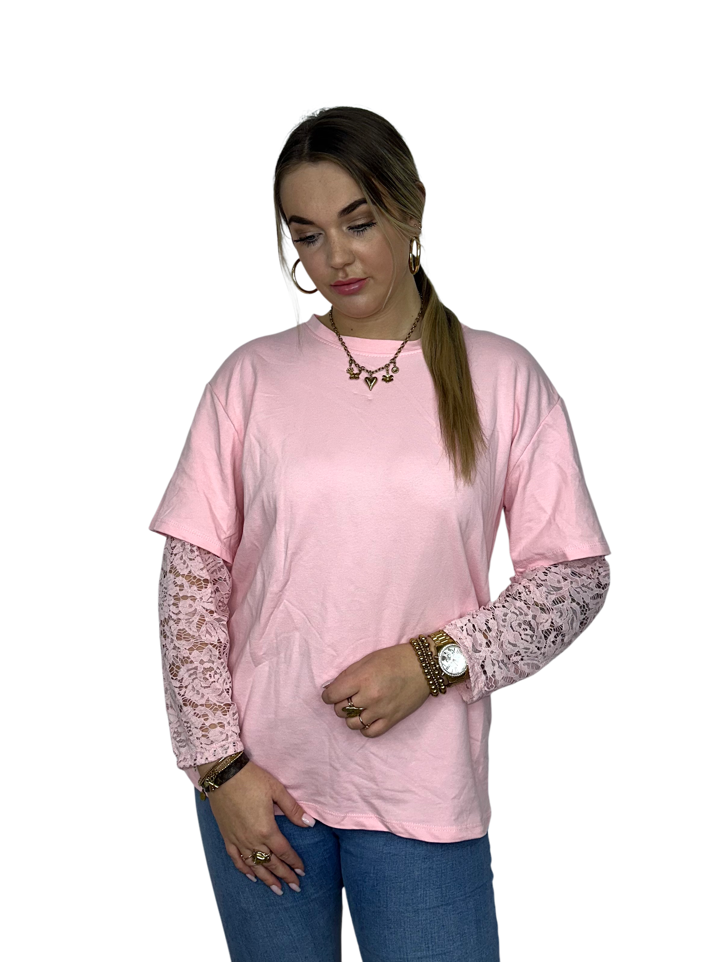 T-Shirt met Kant - Roze