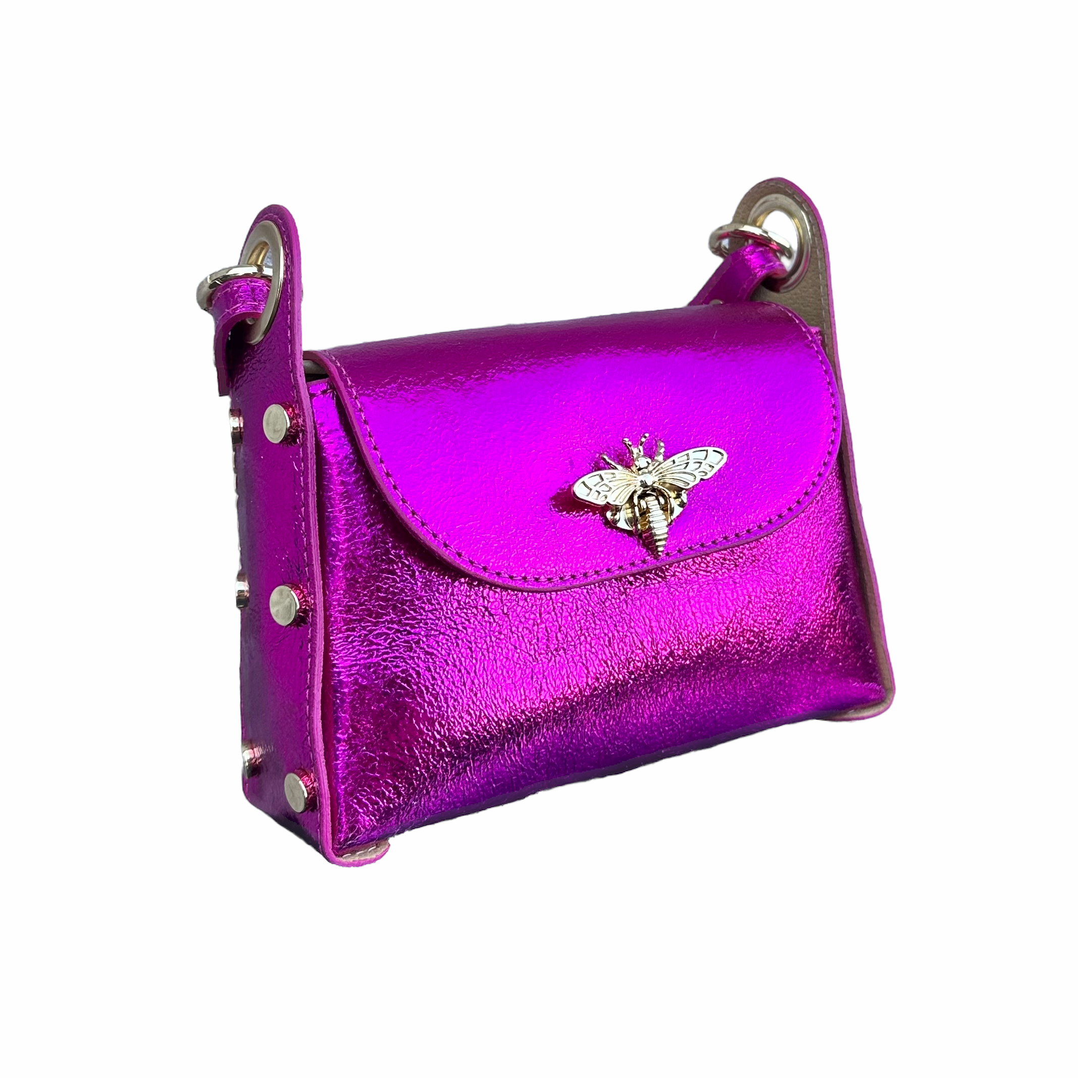 Tas Echt Leer Bee - Metallic Fuchsia Roze