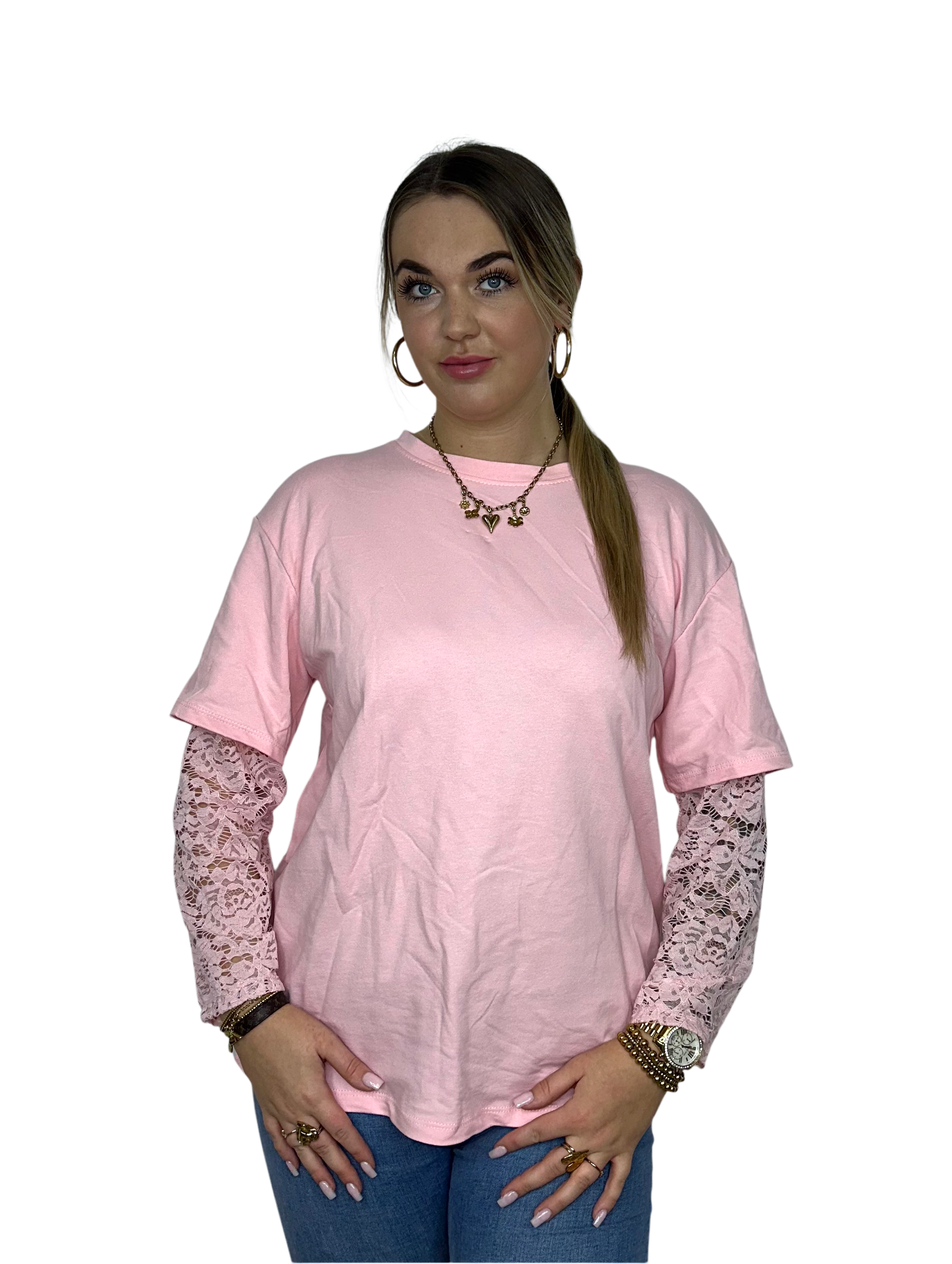 T-Shirt met Kant - Roze