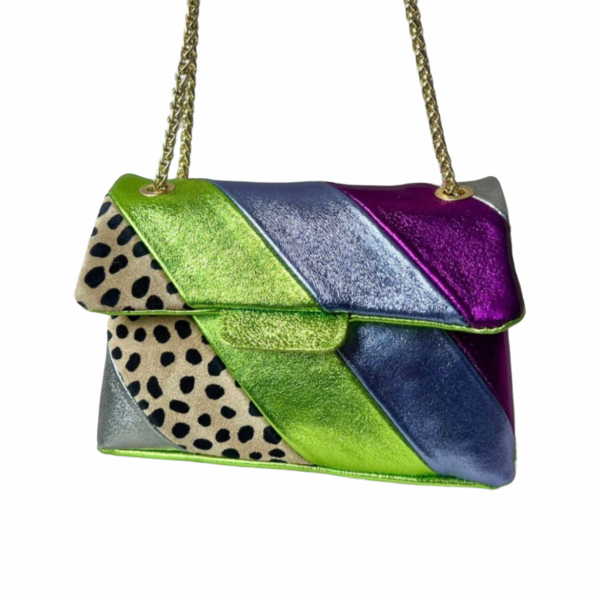 Tas Metallic Regenboog Cheetah Groen Echt Leer