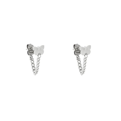 Butterfly with Chain Earrings - Silver