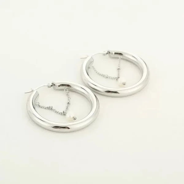 Hoop With Pearl Earrings - Silver