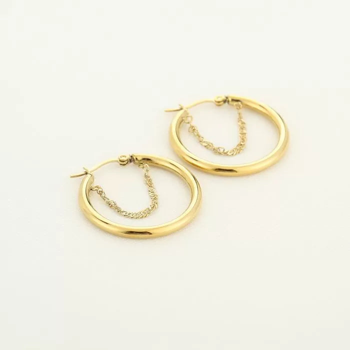 Tiny Hoop With Chain Earrings - Gold