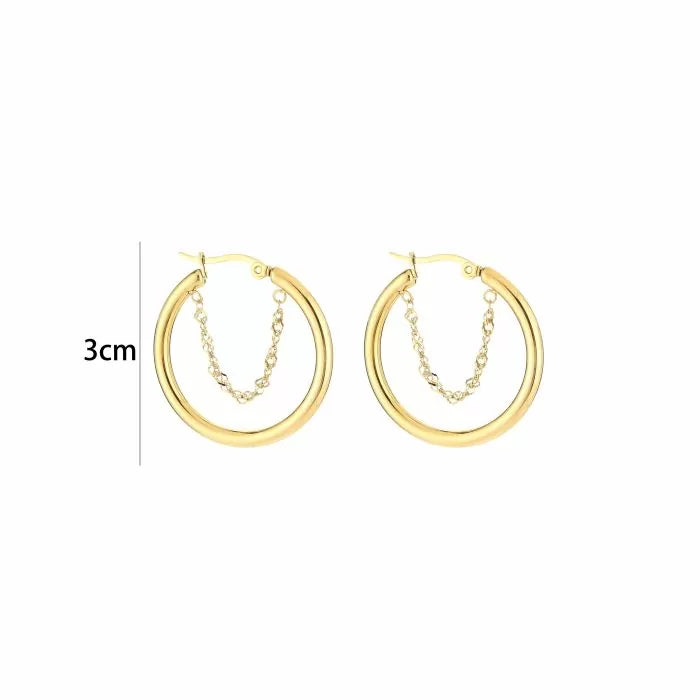 Tiny Hoop With Chain Earrings - Gold