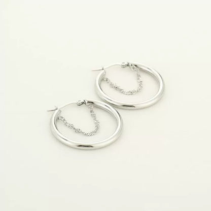 Tiny Hoop With Chain Earrings - Silver