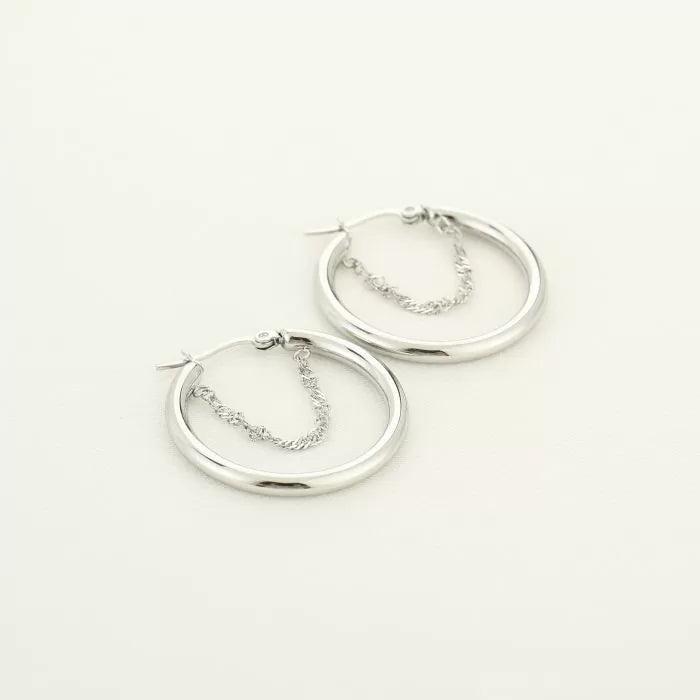 Tiny Hoop With Chain Earrings - Silver