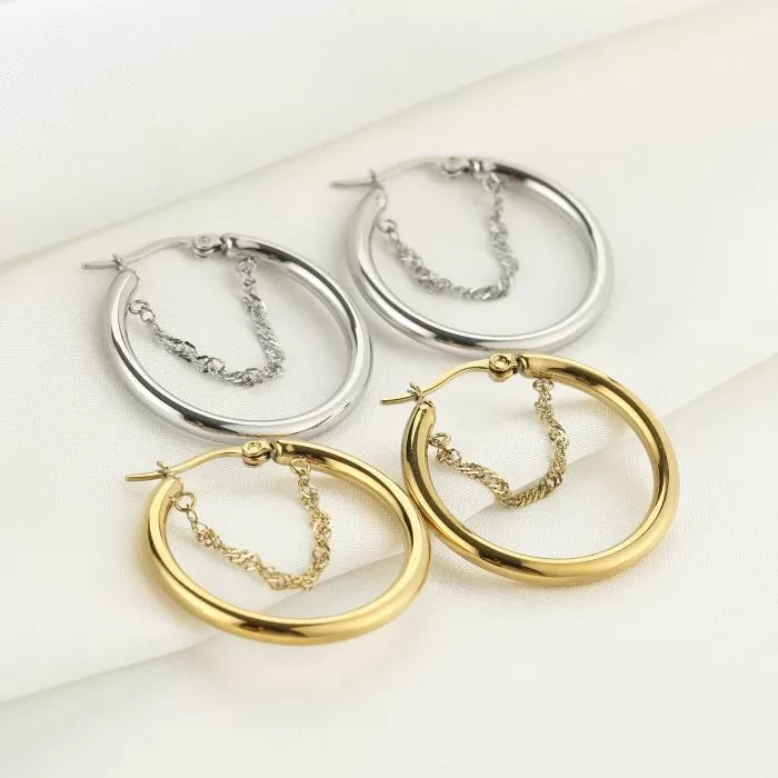 Tiny Hoop With Chain Earrings - Gold