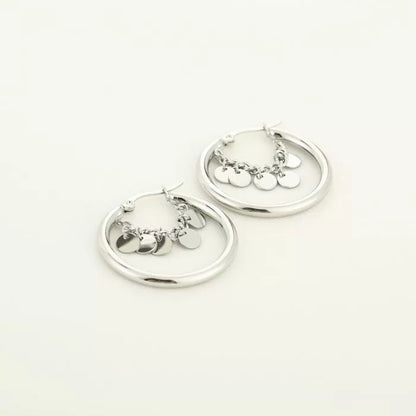 Tiny Hoop With Coin Earrings - Silver
