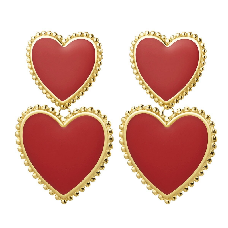 Two Colour Heart Earrings - Gold Red
