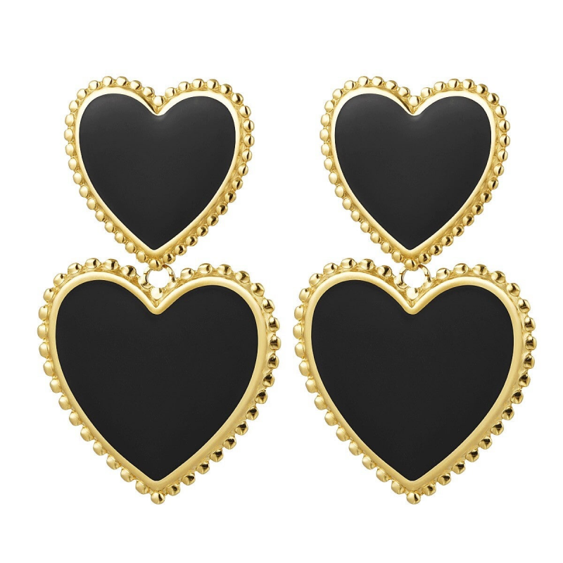 Two Colour Heart Earrings - Gold Black