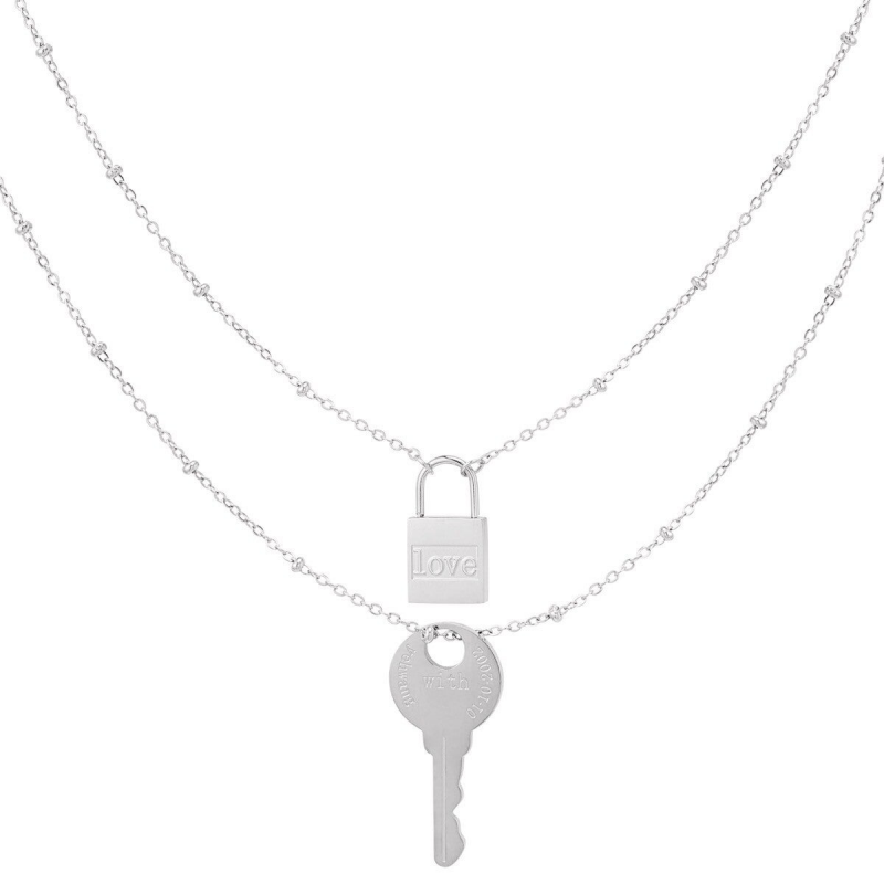 Diamond Lock & Key Necklace - Silver