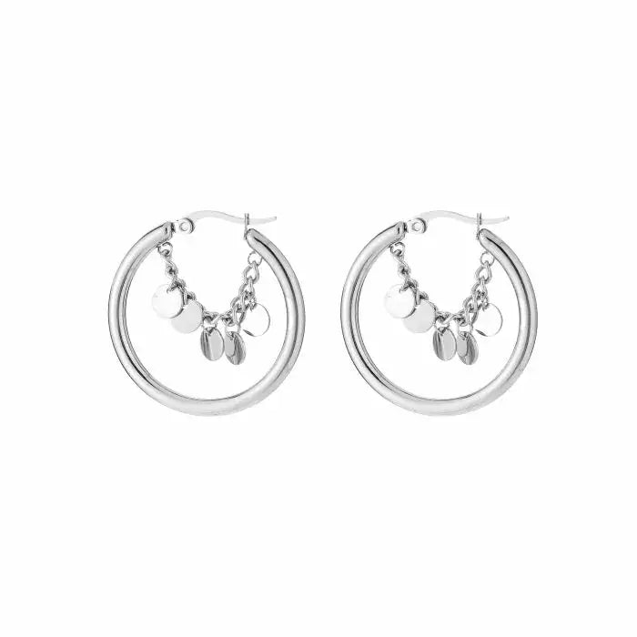 Tiny Hoop With Coin Earrings - Silver