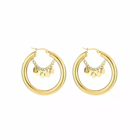 Hoop With Coin Earrings - Gold