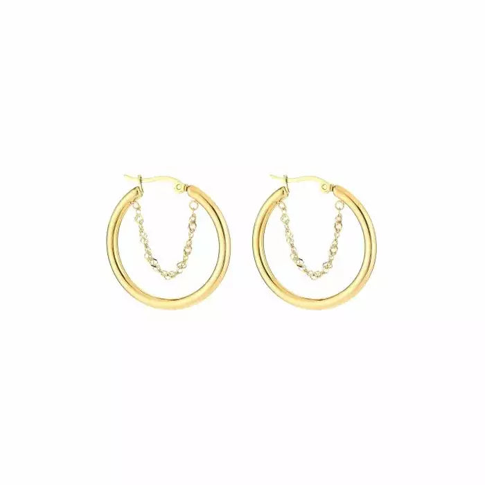 Tiny Hoop With Chain Earrings - Gold