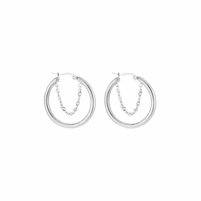 Tiny Hoop With Chain Earrings - Silver